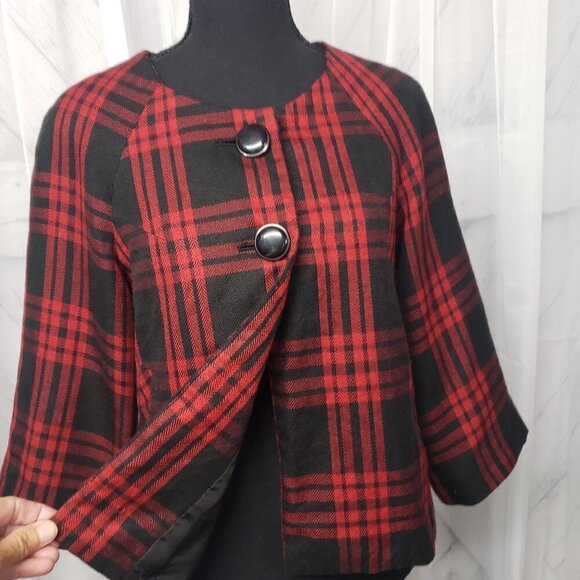 Larry Levine Red Black Plaid Classic Retro Goth Punk Short Blazer Preppy 6 - Picture 2 of 12